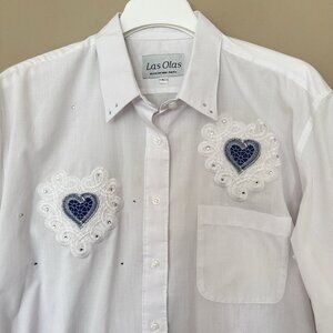 Vintage Embroidered Cottagecore White Button Shirt Women L Heart Western Cowgir